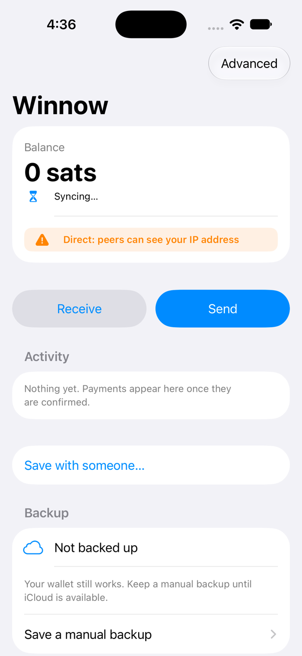 Winnow's home screen with an orange banner: Direct: peers can see your IP address