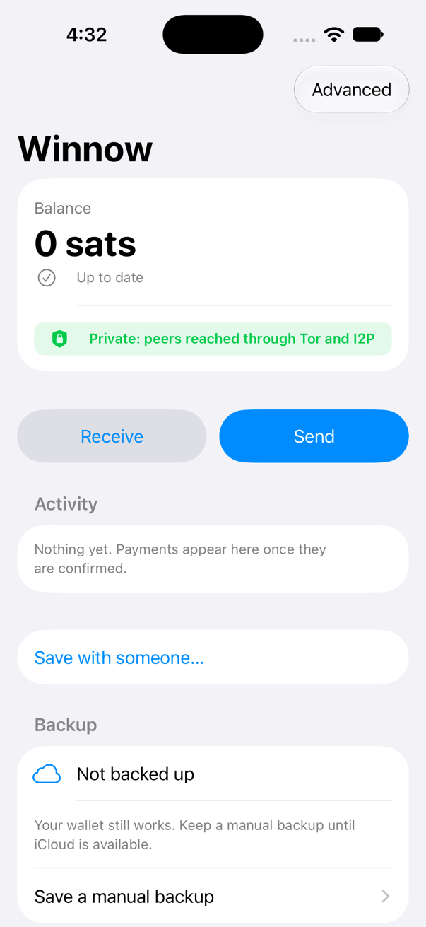 Winnow's home screen with a green banner: Private: peers reached through Tor and I2P