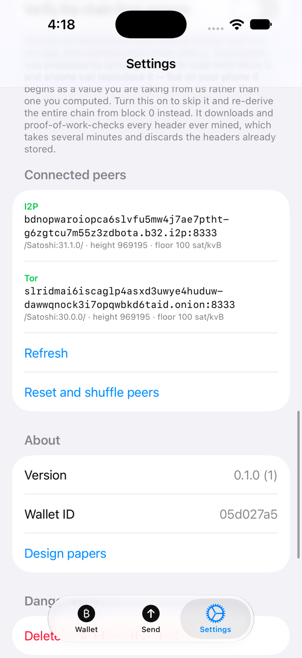 Advanced settings, Connected peers: one peer labelled I2P with a .b32.i2p address and one labelled Tor with a .onion address, both at height 969,195