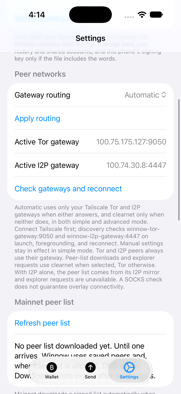 Advanced settings, Peer networks: Gateway routing Automatic, Active Tor gateway and Active I2P gateway with their tailnet addresses
